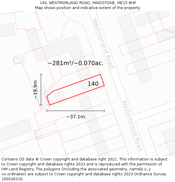140, WESTMORLAND ROAD, MAIDSTONE, ME15 8HP: Plot and title map