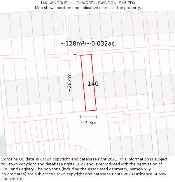 140, WINDRUSH, HIGHWORTH, SWINDON, SN6 7DX: Plot and title map