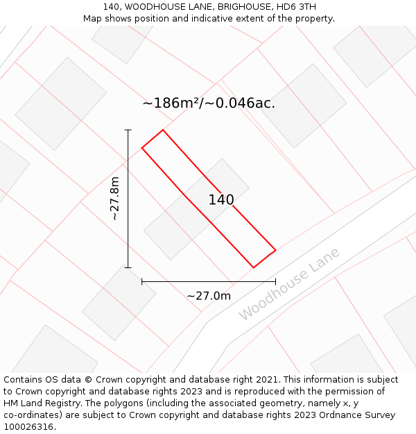 140, WOODHOUSE LANE, BRIGHOUSE, HD6 3TH: Plot and title map