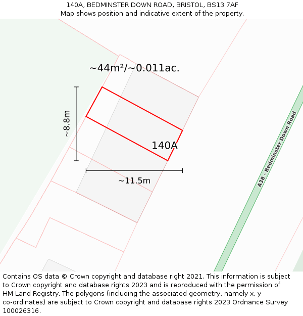 140A, BEDMINSTER DOWN ROAD, BRISTOL, BS13 7AF: Plot and title map