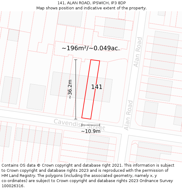141, ALAN ROAD, IPSWICH, IP3 8DP: Plot and title map