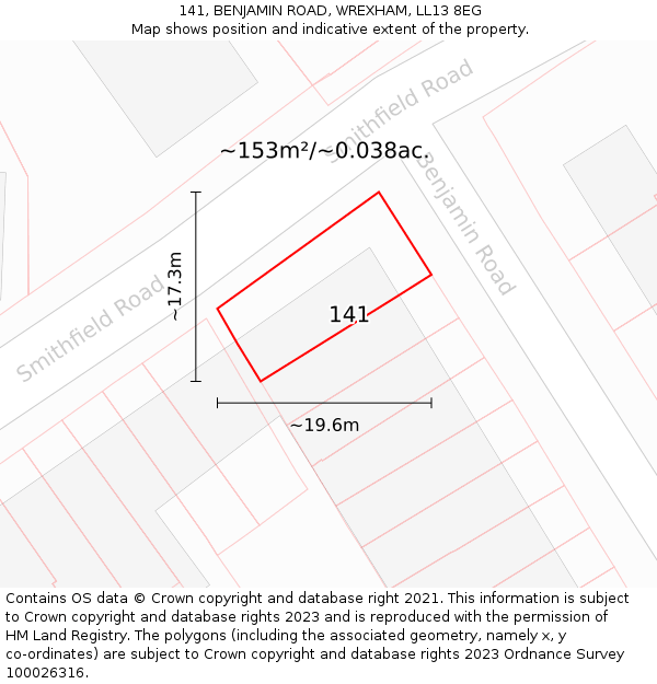 141, BENJAMIN ROAD, WREXHAM, LL13 8EG: Plot and title map