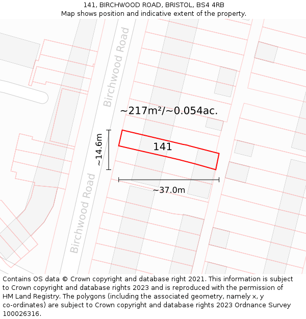141, BIRCHWOOD ROAD, BRISTOL, BS4 4RB: Plot and title map