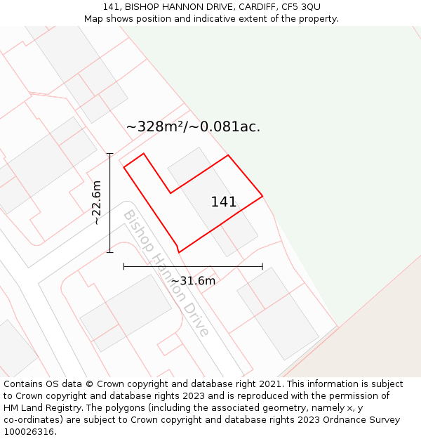 141, BISHOP HANNON DRIVE, CARDIFF, CF5 3QU: Plot and title map