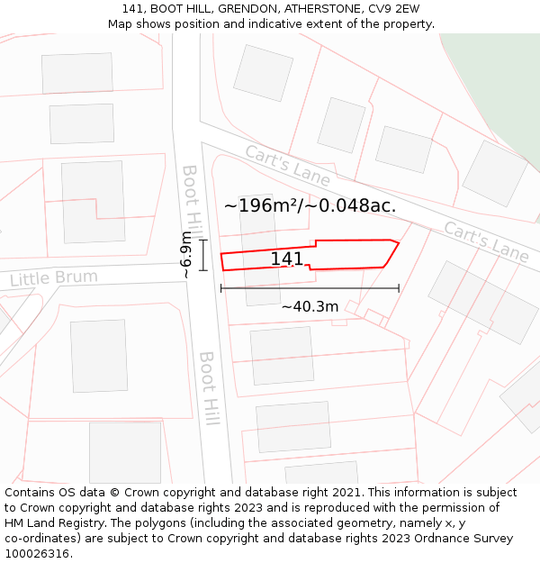 141, BOOT HILL, GRENDON, ATHERSTONE, CV9 2EW: Plot and title map