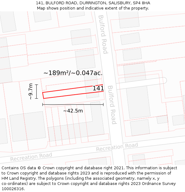 141, BULFORD ROAD, DURRINGTON, SALISBURY, SP4 8HA: Plot and title map