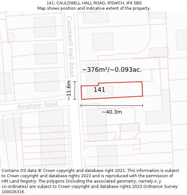 141, CAULDWELL HALL ROAD, IPSWICH, IP4 5BS: Plot and title map