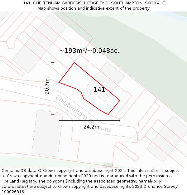 141, CHELTENHAM GARDENS, HEDGE END, SOUTHAMPTON, SO30 4UE: Plot and title map
