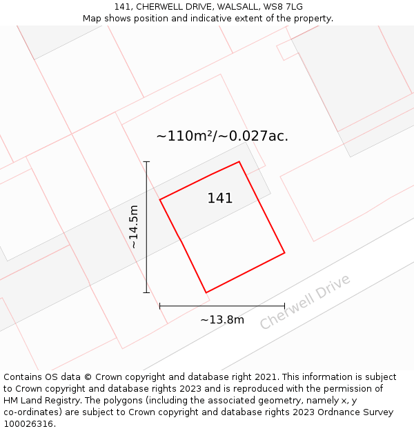 141, CHERWELL DRIVE, WALSALL, WS8 7LG: Plot and title map