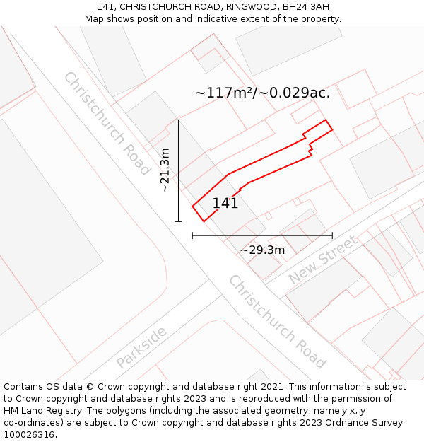141, CHRISTCHURCH ROAD, RINGWOOD, BH24 3AH: Plot and title map