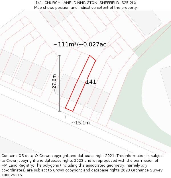 141, CHURCH LANE, DINNINGTON, SHEFFIELD, S25 2LX: Plot and title map