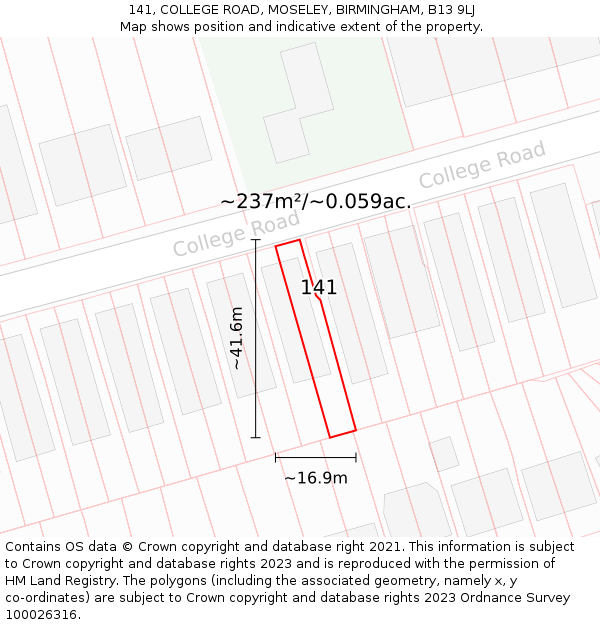 141, COLLEGE ROAD, MOSELEY, BIRMINGHAM, B13 9LJ: Plot and title map