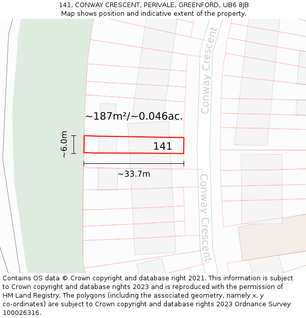 141, CONWAY CRESCENT, PERIVALE, GREENFORD, UB6 8JB: Plot and title map