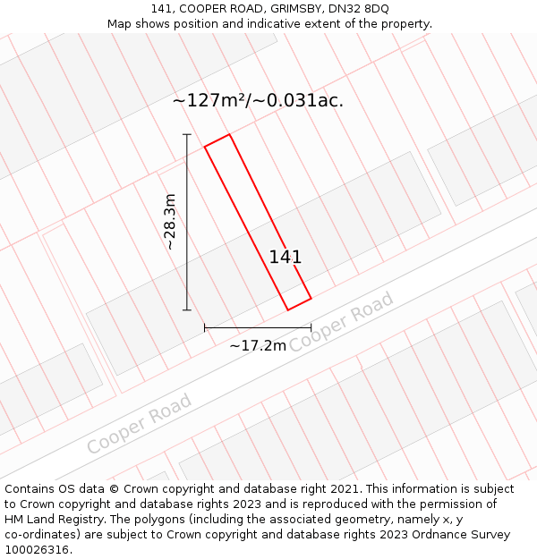 141, COOPER ROAD, GRIMSBY, DN32 8DQ: Plot and title map