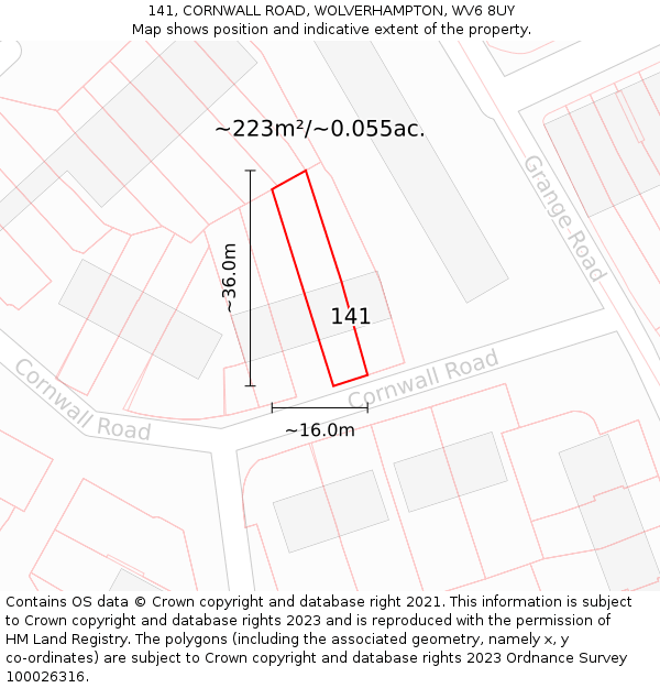 141, CORNWALL ROAD, WOLVERHAMPTON, WV6 8UY: Plot and title map