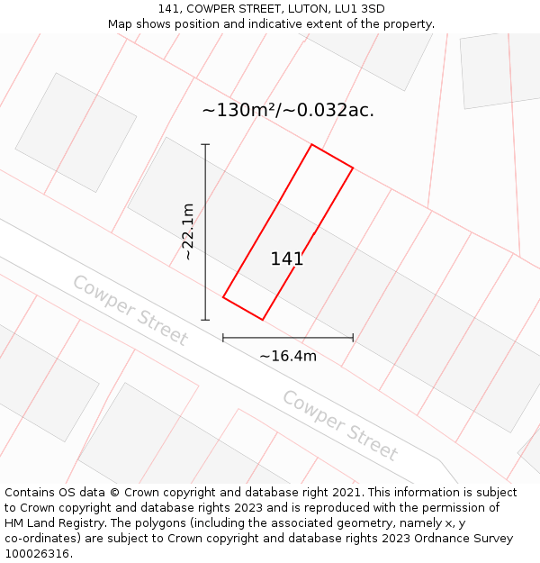141, COWPER STREET, LUTON, LU1 3SD: Plot and title map