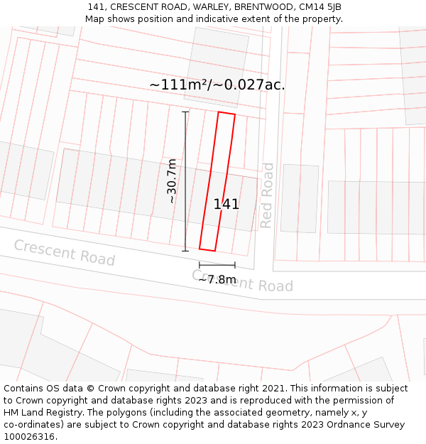 141, CRESCENT ROAD, WARLEY, BRENTWOOD, CM14 5JB: Plot and title map