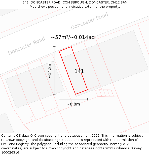 141, DONCASTER ROAD, CONISBROUGH, DONCASTER, DN12 3AN: Plot and title map