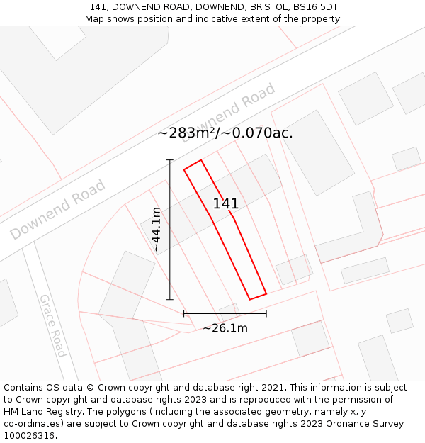 141, DOWNEND ROAD, DOWNEND, BRISTOL, BS16 5DT: Plot and title map