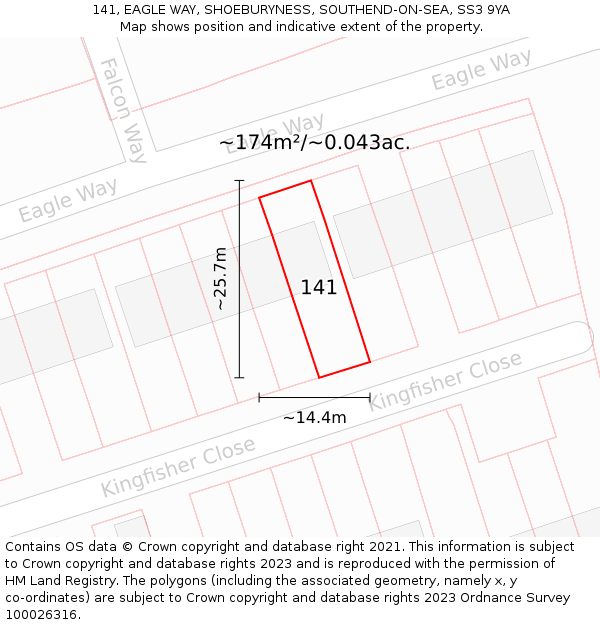 141, EAGLE WAY, SHOEBURYNESS, SOUTHEND-ON-SEA, SS3 9YA: Plot and title map