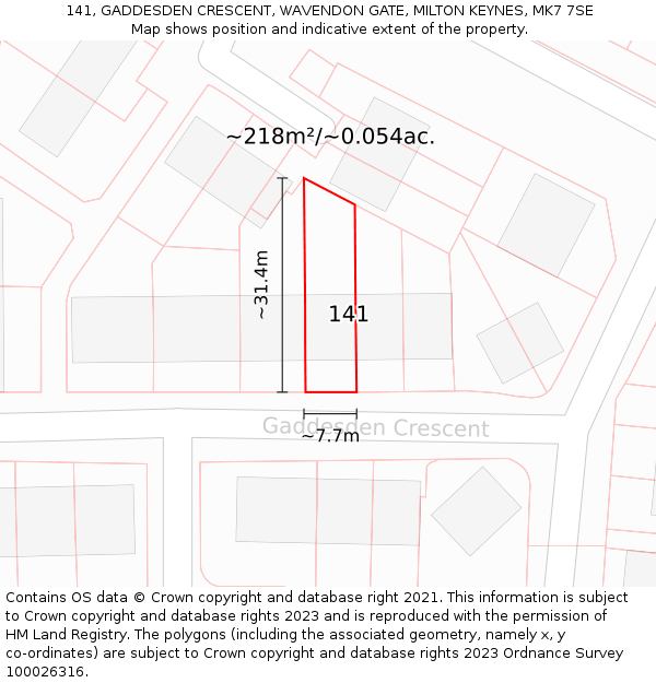 141, GADDESDEN CRESCENT, WAVENDON GATE, MILTON KEYNES, MK7 7SE: Plot and title map