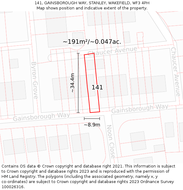 141, GAINSBOROUGH WAY, STANLEY, WAKEFIELD, WF3 4PH: Plot and title map