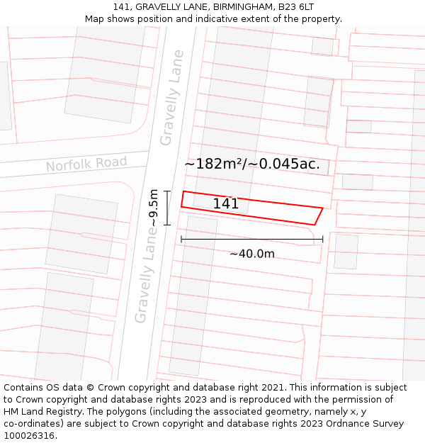 141, GRAVELLY LANE, BIRMINGHAM, B23 6LT: Plot and title map