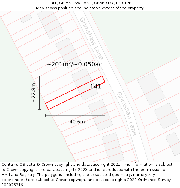 141, GRIMSHAW LANE, ORMSKIRK, L39 1PB: Plot and title map