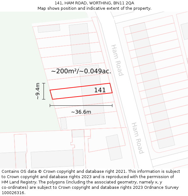 141, HAM ROAD, WORTHING, BN11 2QA: Plot and title map