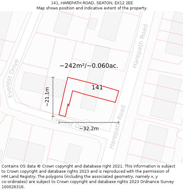 141, HAREPATH ROAD, SEATON, EX12 2EE: Plot and title map