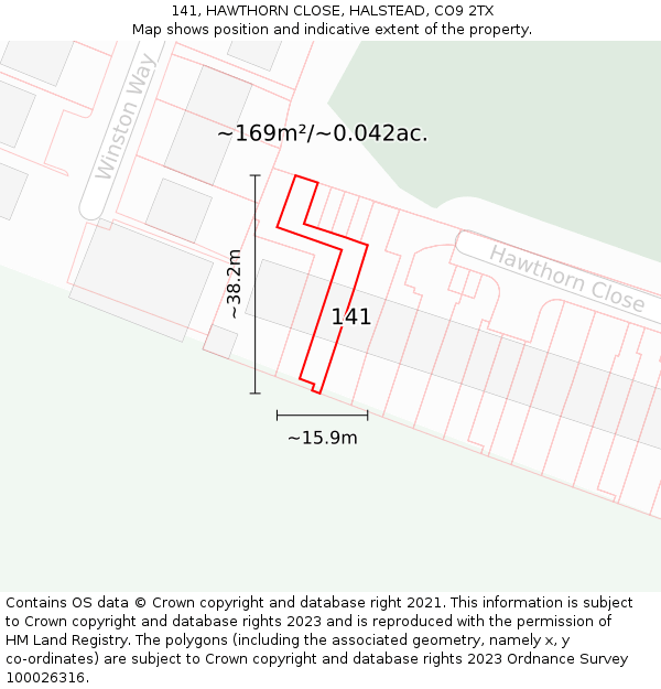 141, HAWTHORN CLOSE, HALSTEAD, CO9 2TX: Plot and title map