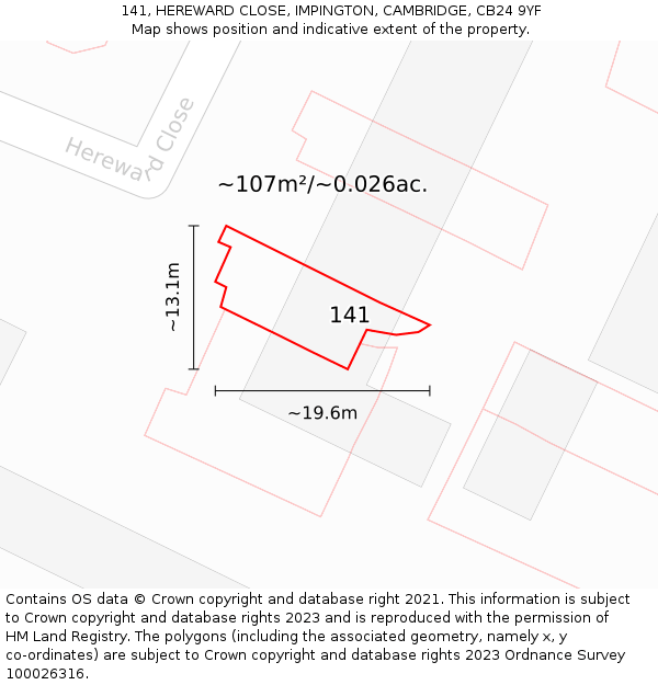 141, HEREWARD CLOSE, IMPINGTON, CAMBRIDGE, CB24 9YF: Plot and title map