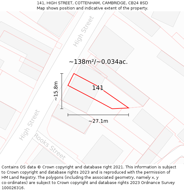 141, HIGH STREET, COTTENHAM, CAMBRIDGE, CB24 8SD: Plot and title map