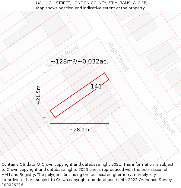 141, HIGH STREET, LONDON COLNEY, ST ALBANS, AL2 1RJ: Plot and title map