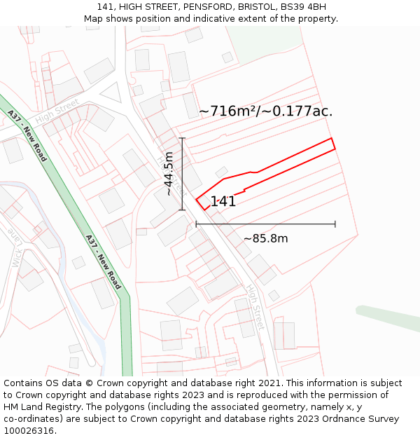 141, HIGH STREET, PENSFORD, BRISTOL, BS39 4BH: Plot and title map