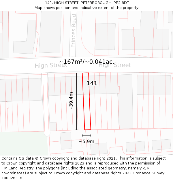 141, HIGH STREET, PETERBOROUGH, PE2 8DT: Plot and title map
