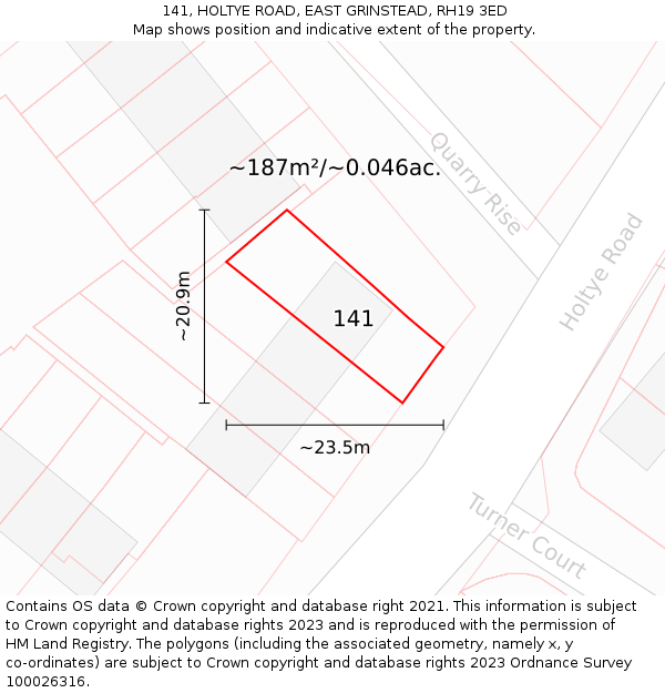 141, HOLTYE ROAD, EAST GRINSTEAD, RH19 3ED: Plot and title map