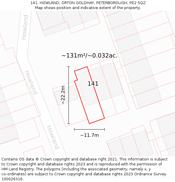 141, HOWLAND, ORTON GOLDHAY, PETERBOROUGH, PE2 5QZ: Plot and title map