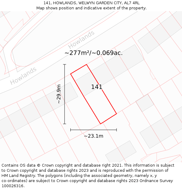 141, HOWLANDS, WELWYN GARDEN CITY, AL7 4RL: Plot and title map