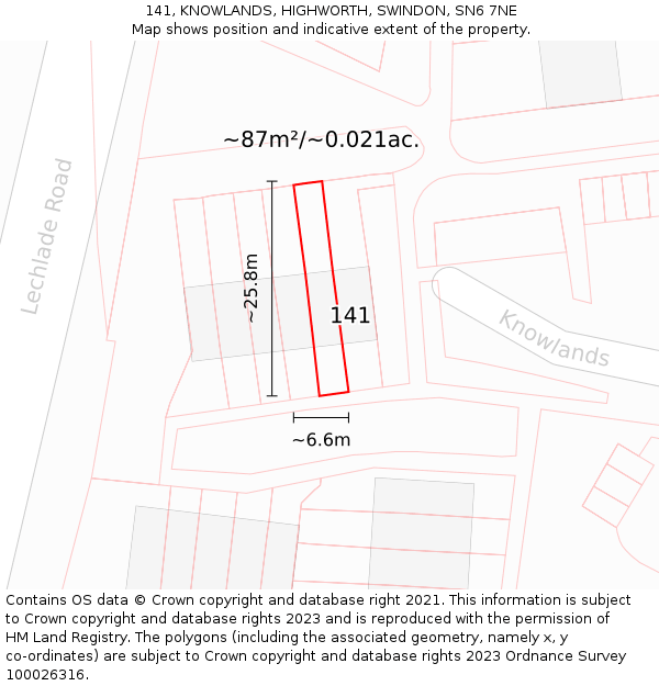 141, KNOWLANDS, HIGHWORTH, SWINDON, SN6 7NE: Plot and title map