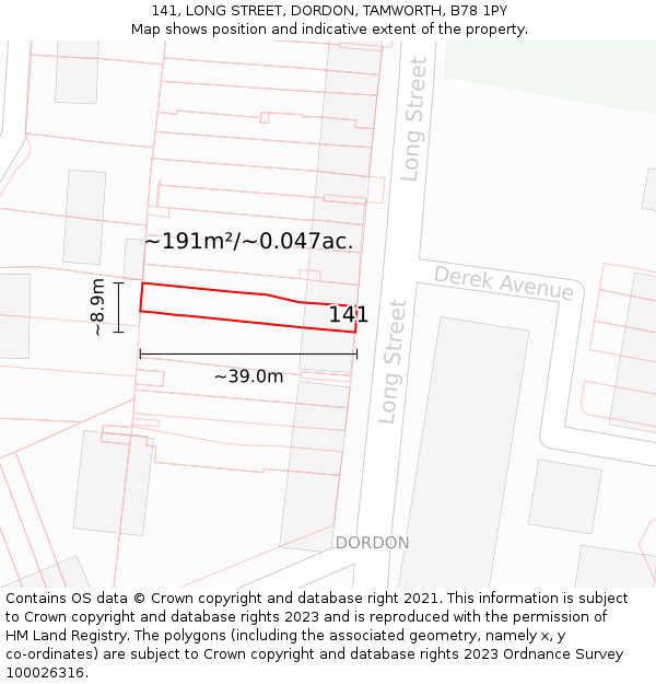 141, LONG STREET, DORDON, TAMWORTH, B78 1PY: Plot and title map