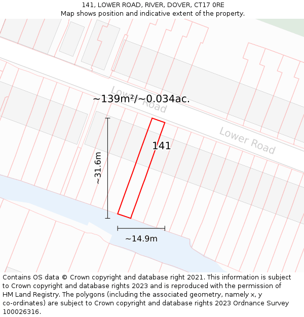141, LOWER ROAD, RIVER, DOVER, CT17 0RE: Plot and title map