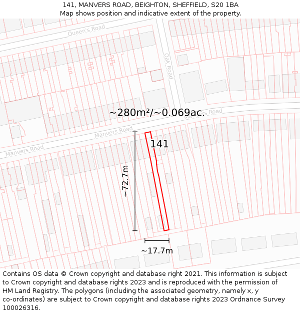 141, MANVERS ROAD, BEIGHTON, SHEFFIELD, S20 1BA: Plot and title map