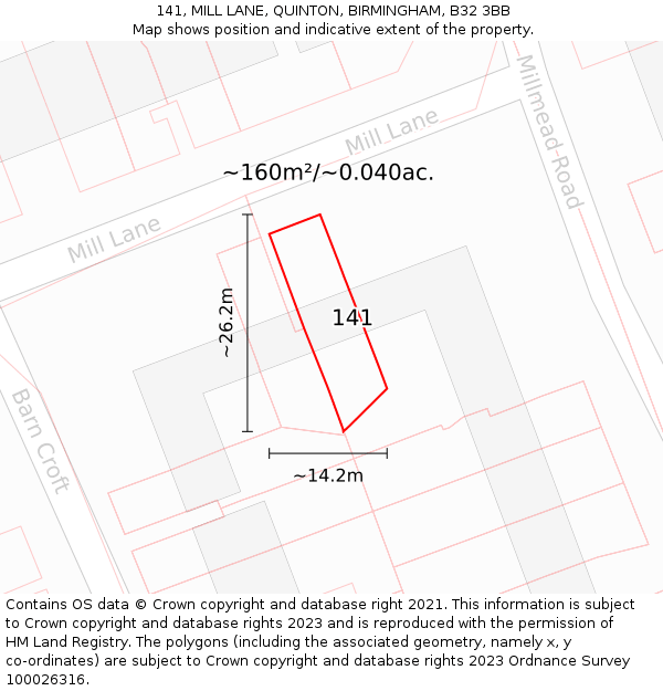141, MILL LANE, QUINTON, BIRMINGHAM, B32 3BB: Plot and title map