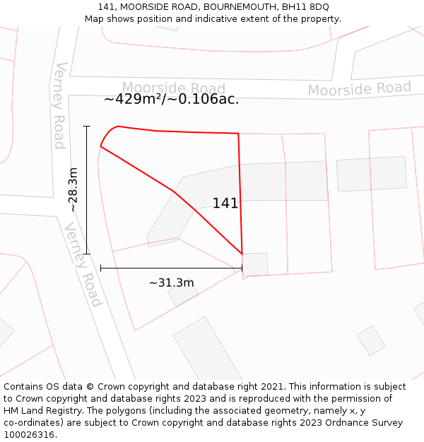 141, MOORSIDE ROAD, BOURNEMOUTH, BH11 8DQ: Plot and title map
