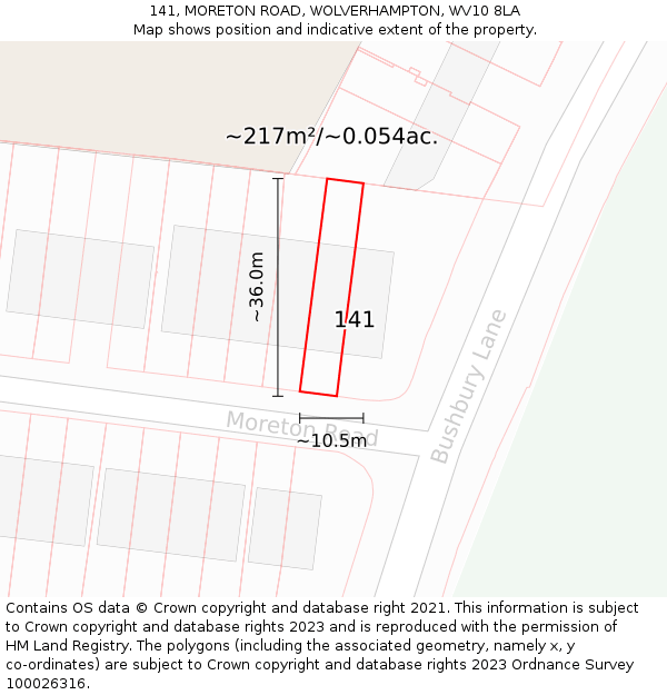 141, MORETON ROAD, WOLVERHAMPTON, WV10 8LA: Plot and title map