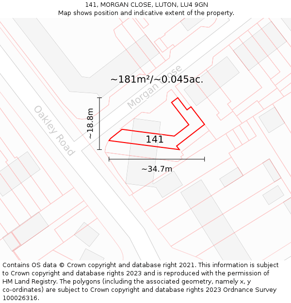 141, MORGAN CLOSE, LUTON, LU4 9GN: Plot and title map