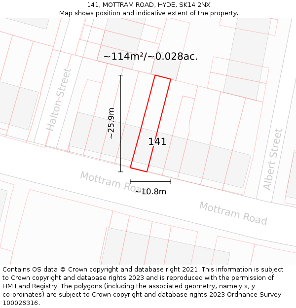 141, MOTTRAM ROAD, HYDE, SK14 2NX: Plot and title map