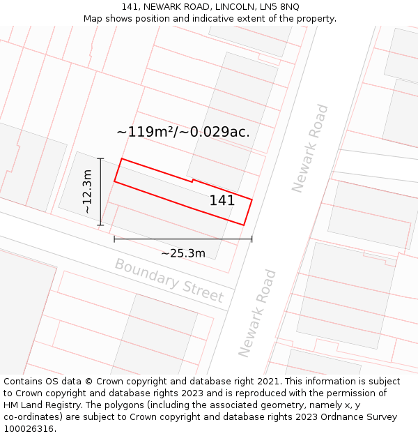 141, NEWARK ROAD, LINCOLN, LN5 8NQ: Plot and title map