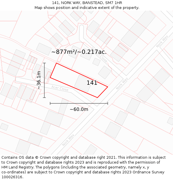 141, NORK WAY, BANSTEAD, SM7 1HR: Plot and title map